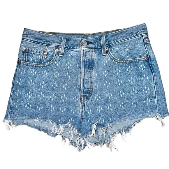 Levis 501 Button Fly High Rise Distressed Frayed Dottie Blues Denim Shorts 29 - Picture 2 of 16